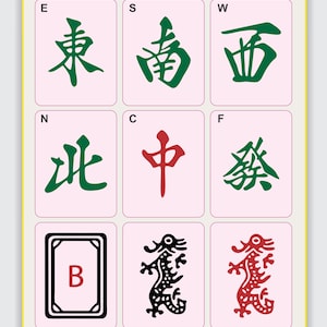 May include: A grid of nine rectangular mahjong tiles on a light background. Eight tiles feature green or red Chinese characters and dragon illustrations, while one tile displays a black border with a red letter B in the center. Each tile has a letter.