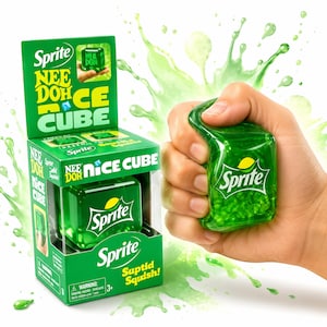 May include: A green translucent Nee Doh Nice Cube squishy toy featuring the Sprite logo. The packaging box is green with the text Sprite, Nee Doh, Nice Cube, and Suptid Squish printed on it. The toy is shown being squeezed in a hand.