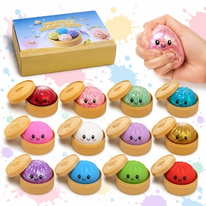 May include: A set of Squeezy Dumplings sensory toys featuring twelve colourful, round, squishy dumpling figures with smiling faces, each housed in a small tan plastic steamer basket, accompanied by a cardboard box labelled Squeezy Dumplings.