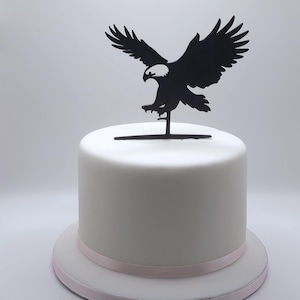 May include: A black eagle cake topper with outstretched wings sits atop a white cake. The cake has a light pink ribbon around the base. The eagle is a silhouette, and the cake is round.