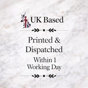 May include: A white marble-textured graphic featuring a map of the United Kingdom filled with the Union Jack flag. The text reads UK Based, Printed & Dispatched, Within 1 Working Day, separated by black decorative flourishes and horizontal lines.