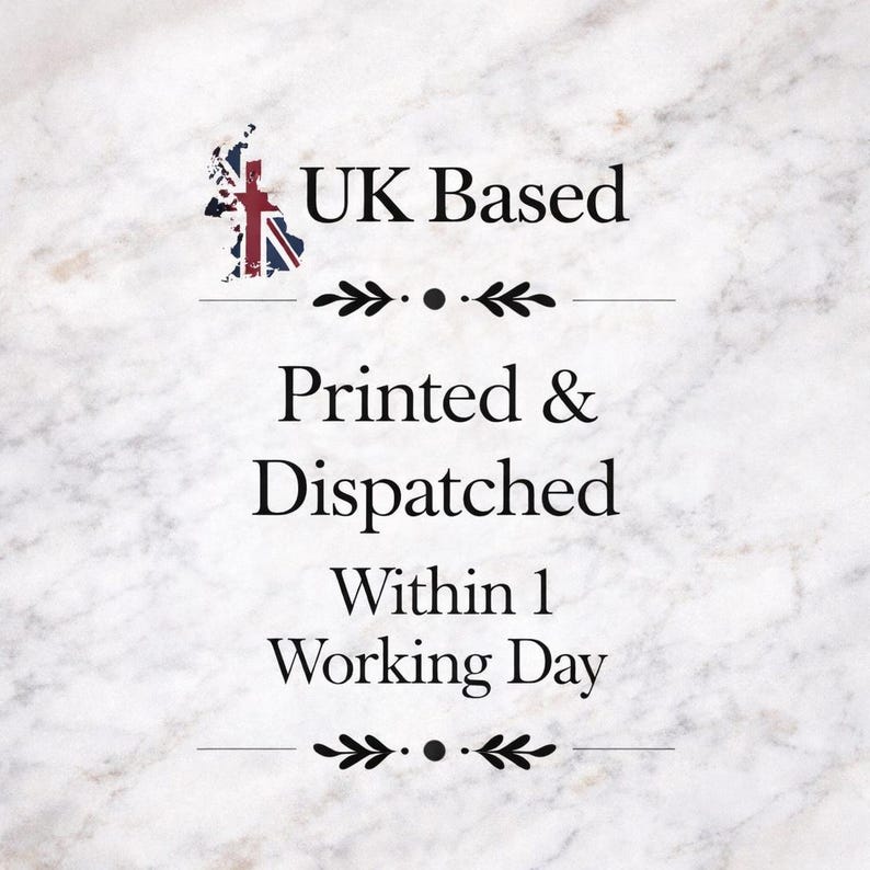 May include: A white marble-textured graphic featuring a map of the United Kingdom filled with the Union Jack flag. The text reads UK Based, Printed & Dispatched, Within 1 Working Day, separated by black decorative flourishes and horizontal lines.