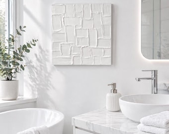 Textured White Abstract Painting – Minimalist Japandi Wall Art Canvas  - 3D Plaster Art