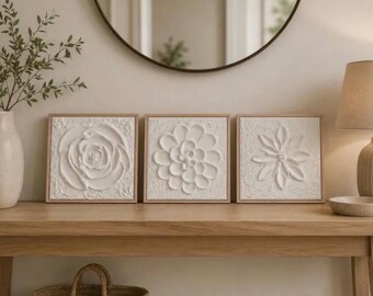 Three Textured White Abstract Painting – Minimalist Japandi Wall Art Canvas  - 3D Plaster Art framed - set of 3