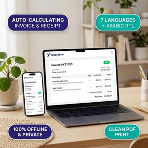 Auto Calculating Invoice Template and Receipt Generator, Small Business Printable Invoice PDF, Multi Language Fillable Receipt Builder HTML