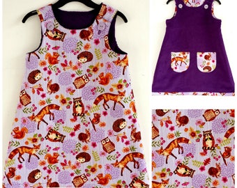 Chicas vestido de bosque, niñas vestido reversible, vestido de zorro, vestido de ardilla, vestido de búho, una línea Pinafore, ropa de las niñas, vestido de animales, niño pequeño