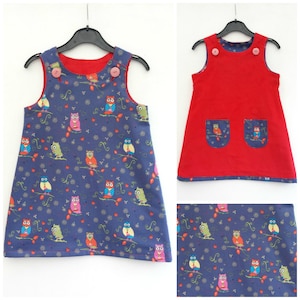 Girls Owls Dress, Girls Reversible Dress, A line, Girls Pinafore, Pinny Jumper, Girls Fashion, Girls Clothing, Toddler , Birthday Outfit