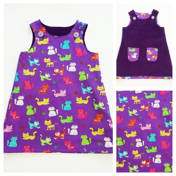 Girls Cat Dress, Girls Reversible Dress, Cat Dress, Cat Outfit, Cat Gift, Cat Birthday Outfit, Girls Pinafore, Dress, Girls Clothing, Cats