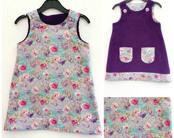 Vestido Floral de La Chica, Vestido Reversible de la Chica, Niñas Pinafore, Un Jersey de Vestido de línea. Ropa de Niña, Ropa de Niño. Floral, Moda para niños