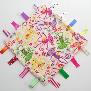 Baby Girl&#39;s Taggie, Baby Girl&#39;s Taggy, Girl&#39;s  Lovey Lovie,  Minky Dot,  Ribbon Blanket,  Comforter Blanket, Blankie- Monkeys