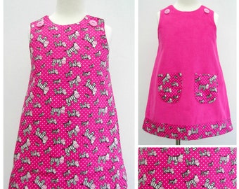 Vestido de las niñas, vestido de cebra, vestido reversible de las niñas, una línea Pinafore, niñas Pinny. Chicas Jumper, Zebra, Vestido Toddle, Estilo de las niñas. Atuendo de fiesta