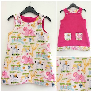 Vestido animal para meninas, vestido reversível para meninas, avental de linha, pinny para meninas. Vestido Safari, Elefante, Zebra, Safari, Vestido Toddle. Roupa de festa