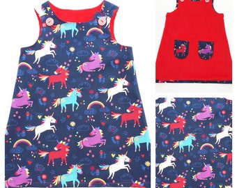 Vestido de unicornio de las niñas, vestido reversible de las niñas, vestido del unicornio, traje del unicornio, regalo del unicornio, traje del cumpleaños del unicornio, pinafore de las niñas, vestido