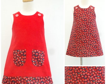 Vestido rojo de las niñas, jumper de las niñas, vestido reversible de la niña, una línea pinafore, vestido de Navidad, Navidad, ropa de las niñas, ropa de los niños, niño pequeño