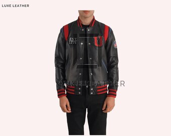 Chaqueta universitaria de cuero negra Liberate USA para hombre: chaqueta universitaria roja Letterman, estilo béisbol vintage, abrigo de cuero urbano