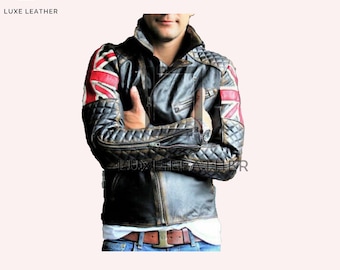 Chaqueta de moto negra para hombre con la bandera británica Union Jack estilo Cafe Racer – Abrigo de cuero acolchado desgastado de corte ajustado estilo vintage – Regalo para él