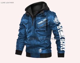 Nueva chaqueta bomber de cuero con capucha samurái azul Cyberpunk 2077, estilo motociclista, ideal como regalo.