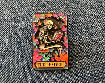 The Reader Pin Book Lover Enamel Pin, Skeleton Reading Pin, Reader Gift, Gothic Book Pin, Dark Academia Pin, Bibliophile Badge, Spooky Pin