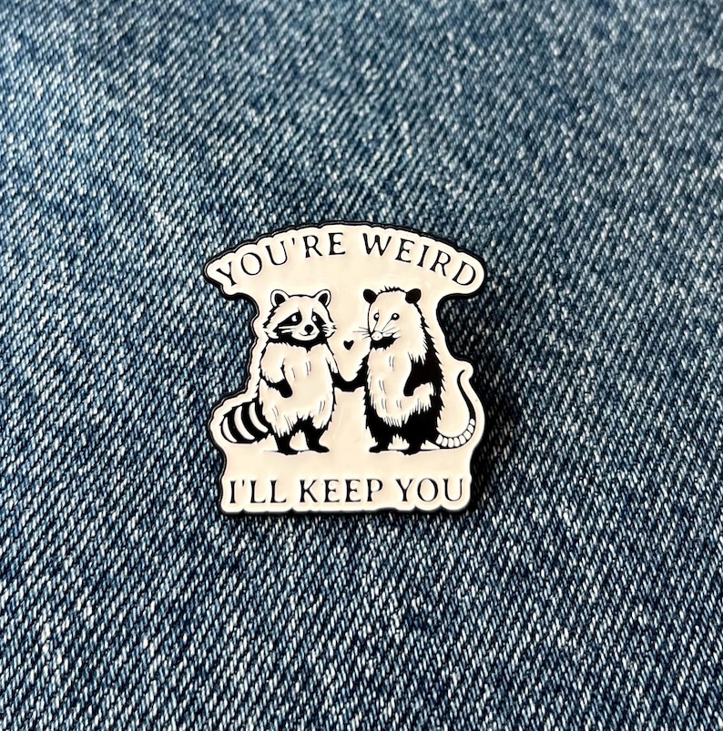 You’re Weird I’ll Keep You Enamel Pin – Cute Raccoon & Opossum Friendship Gift – Funny Animal Badge Cute Trash Panda Badge Best Friend Gift afbeelding 1