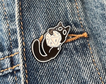 DND Enamel Pin – Black Cat Dice Pin – Tabletop RPG Gamer Gift – Cute d20 Lapel Badge