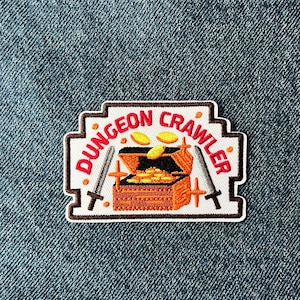 Dungeon Crawler Embroidered Patch – RPG Treasure Chest Iron On Badge – Fantasy Gamer Jacket Patch - Fantasy Tabletop Gamer Gift - DND gift