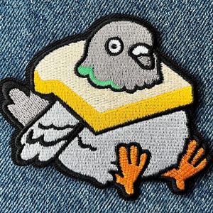 Funny Pigeon Sandwich Embroidered Patch – Cute Iron On Bird Applique – Quirky Animal Jacket Badge