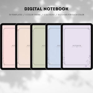 May include: Digital notebook with 70 templates, 5 color themes, and 6 sections. The image shows five digital notebooks in pastel colors: pink, beige, green, blue, and purple. Each notebook has 10 covers for each color.