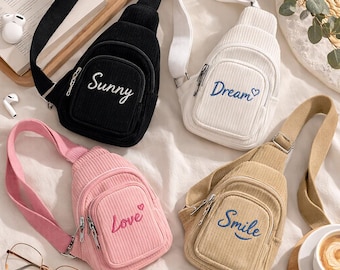 Personalized corduroy shoulder bags, custom embroidered crossbody bags, cute travel shoulder bags—perfect gifts for women and girls
