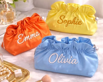 Personalized Embroidered Makeup Bag, Ruffled Cloud Cosmetic Bag, Custom Name Toiletry Pouch, Bridesmaid Gift, Travel Makeup Organizer