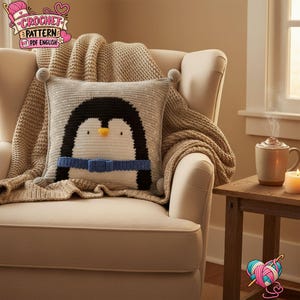 Peut inclure: Un coussin carré au crochet représentant un pingouin avec un corps noir et blanc, un bec jaune et une ceinture bleue. Le coussin possède de petits pompons à chaque coin. Un logo en haut à gauche indique CROCHET PATTERN PDF ENGLISH.