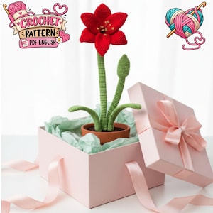 Peut inclure: Une fleur d'amaryllis rouge crochetée avec des tiges et des feuilles vertes dans un pot en terre cuite, placée dans une boîte cadeau rose clair ouverte avec un ruban assorti. L'image inclut le texte CROCHET PATTERN PDF ENGLISH et une icône de cœur.
