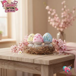 Peut inclure: Trois petites figurines crochetées à tête arrondie, portant chacune un chapeau jaune pastel, rose ou bleu clair, orné de motifs floraux brodés. Les figurines sont nichées ensemble dans un nid brun tissé fait de fines brindilles.