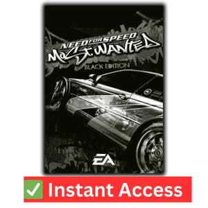 以下が含まれることがあります： 白黒のNeed for Speed Most Wanted Black Editionビデオゲームカバー。画像には車とEAのロゴが写っています。下部の赤いバナーには「Instant Access」と書かれています。