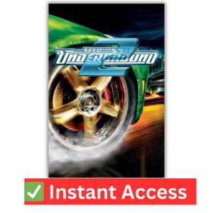 May include: A video game cover for Need for Speed Underground 2. The image features a close-up of a car wheel with a gold rim, smoke, and the game's logo. The bottom of the image has a red banner with the text "Instant Access".