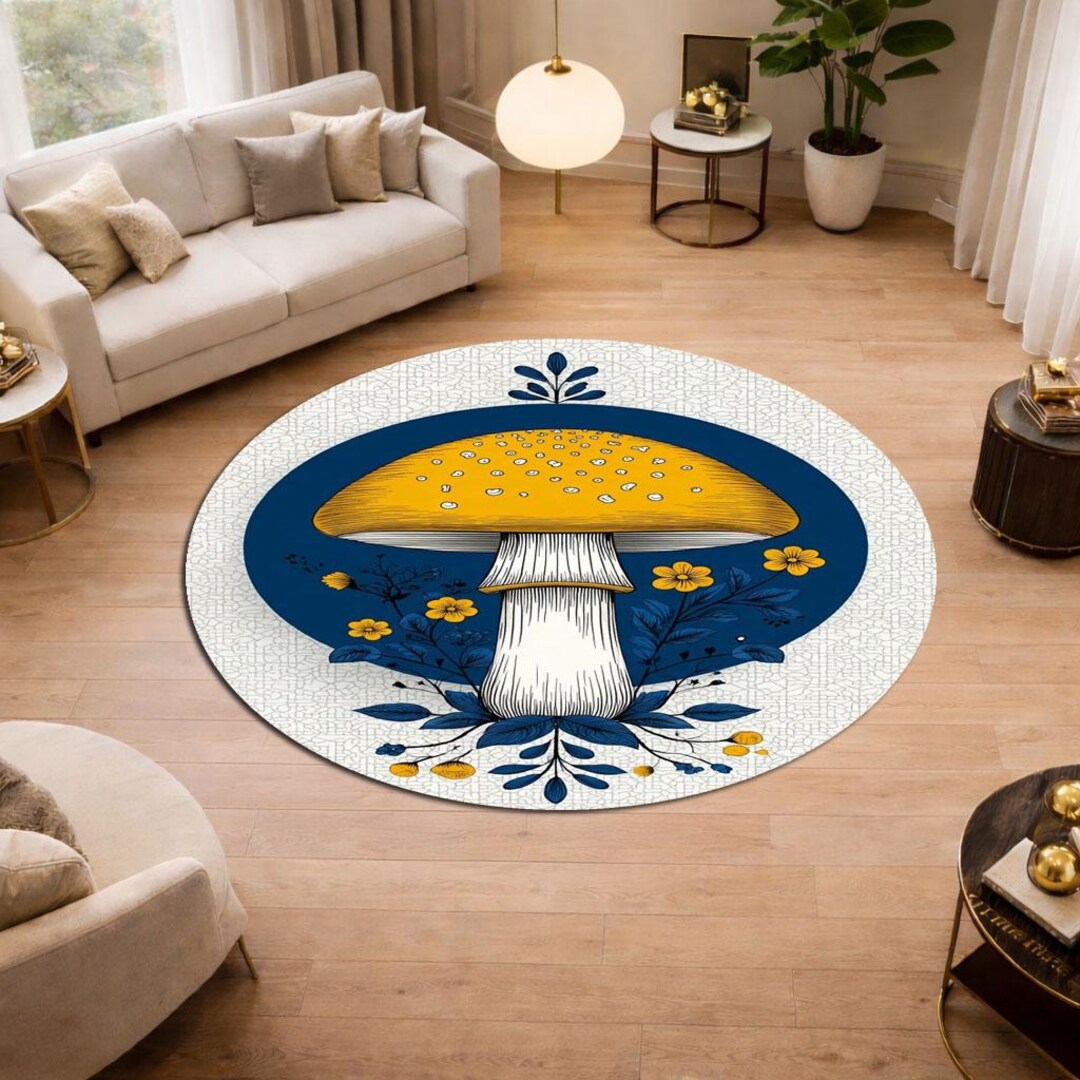 Retro Round Rug Vintage Mushroom Round Rug, Botanical Nature Circle Rug, Cottagecore ...