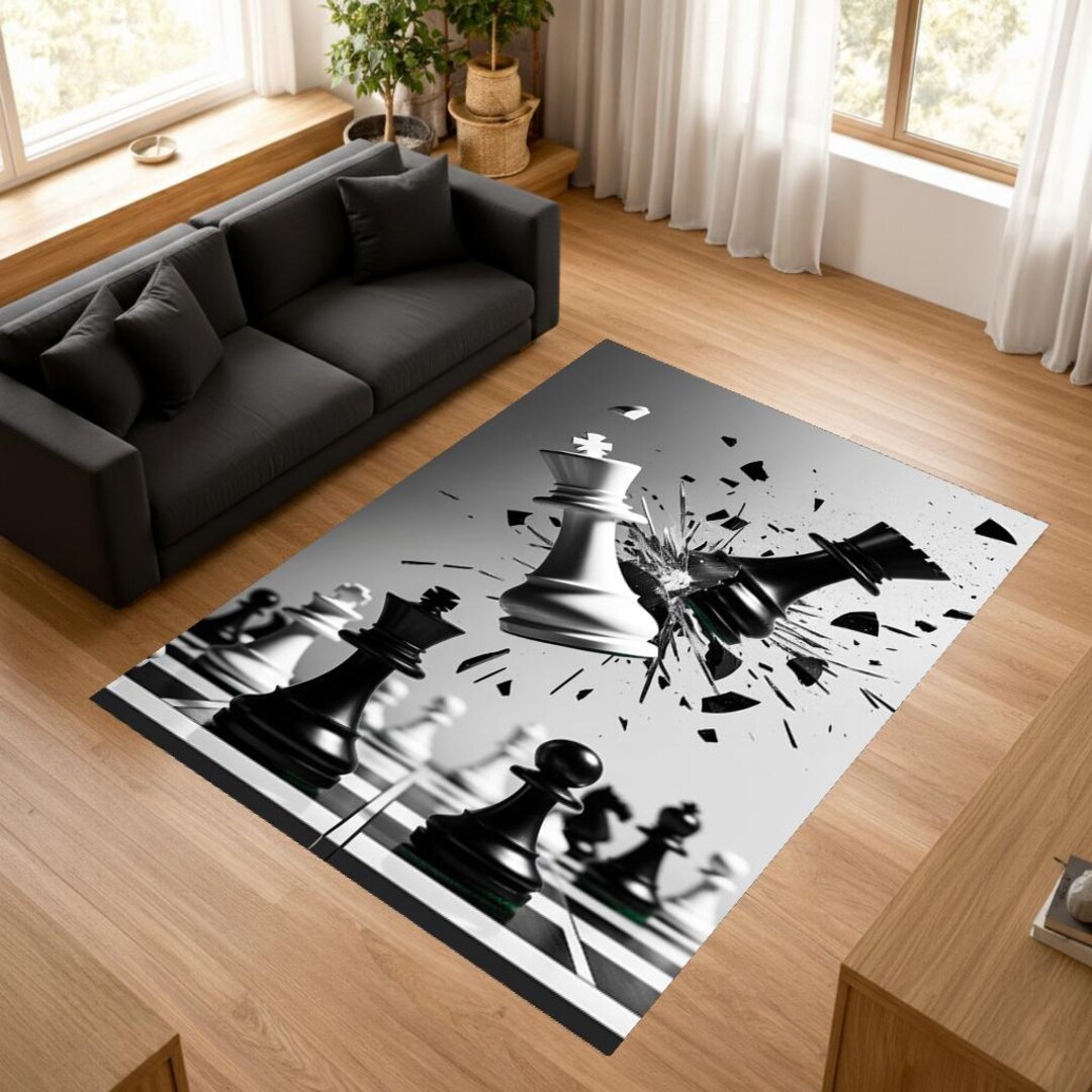 Shattered Chess King Rug, Black White Strategy Rug, Dramatic Modern ...