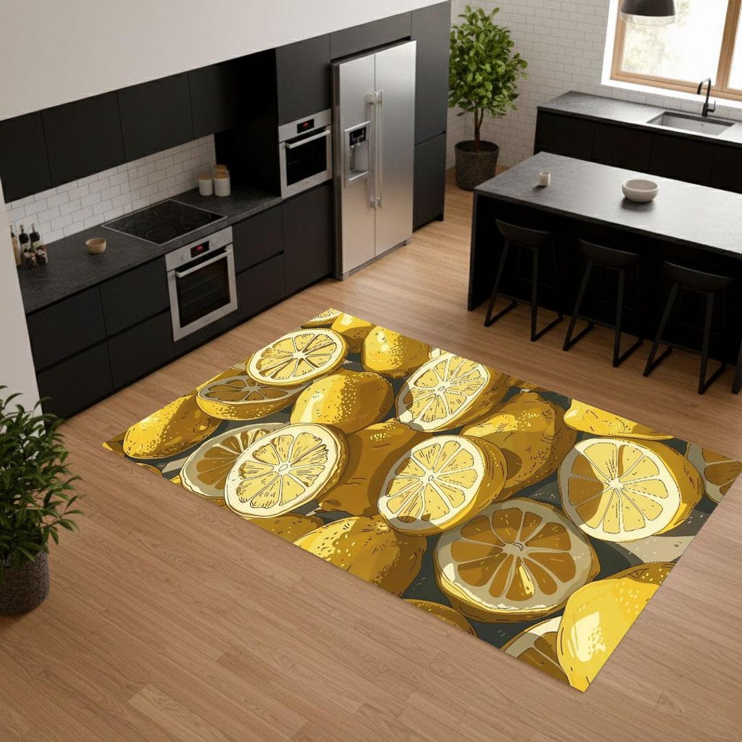 Lemon Pattern Rug, Fresh Citrus Kitchen Carpet, Yellow Summer Decor ...