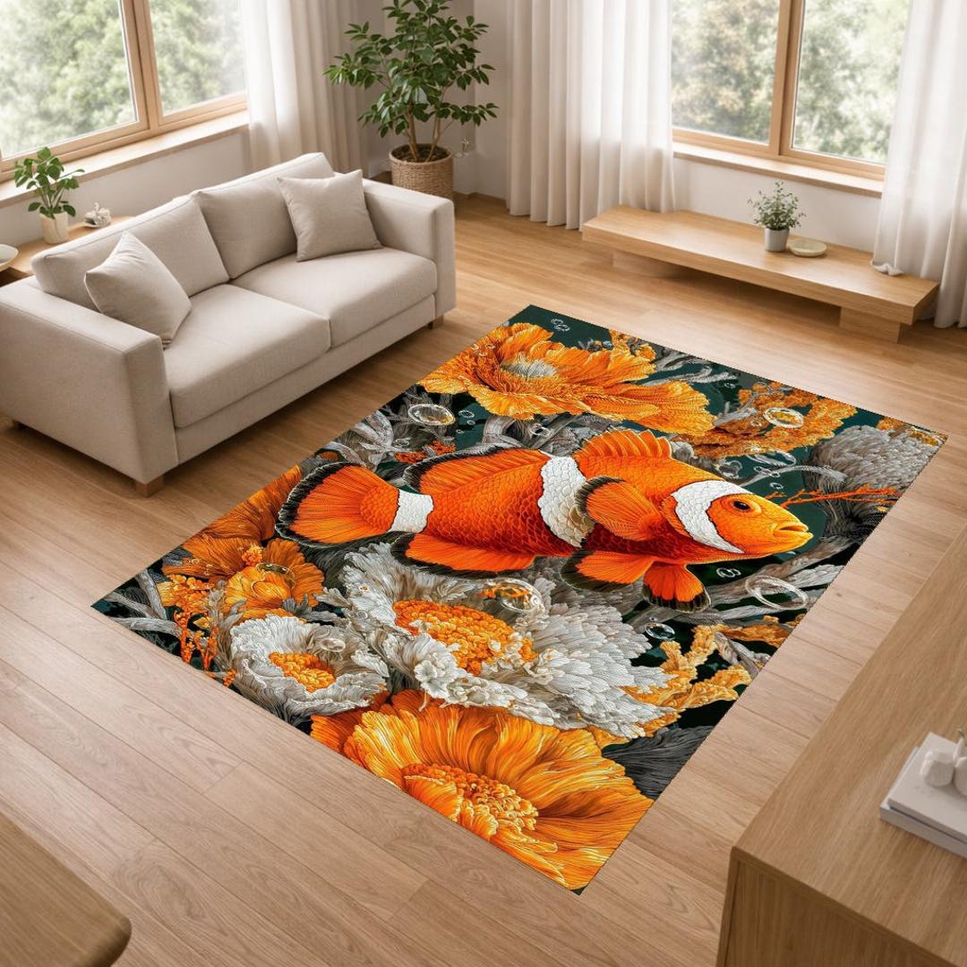 Coral Reef Clown Fish Rug, Underwater Ocean Tropical Art Rug, Marine ...