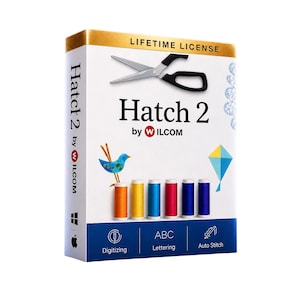 May include: A white software box for Hatch 2 by Wilcom featuring a lifetime licence. The box displays a pair of scissors, a blue bird graphic, a kite, and six colourful thread spools. Text includes Digitising, Lettering, and Auto Stitch.