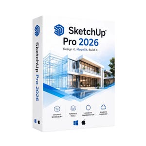 Może przedstawiać: Białe pudełko z oprogramowaniem SketchUp Pro 2026 z niebieskim logo i tekstem. Przód przedstawia nowoczesny dom z niebieskimi nakładkami szkieletu architektonicznego. Widoczne są ikony intuicyjnego modelowania 3D oraz zaawansowanych narzędzi pracy.