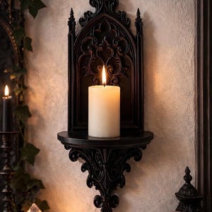 May include: A black gothic wall sconce with a lit white candle. The sconce has an ornate, arched design with a small shelf. The candle flame glows brightly against the dark background, creating a dramatic effect. The sconce is mounted on a textured wall.
