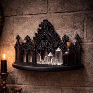 May include: A black gothic-style wall shelf with a decorative arched top. The shelf holds clear quartz crystals and a small brown bottle with a cork stopper. A lit black candle sits to the left.