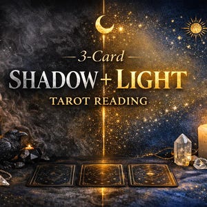 Può includere: Una scena mistica con il testo "3-Card Shadow + Light Tarot Reading". L'immagine presenta candele accese, cristalli e tre carte dei tarocchi. Sono presenti anche un corvo, una luna, un sole e stelle, creando un'atmosfera celeste e spirituale.