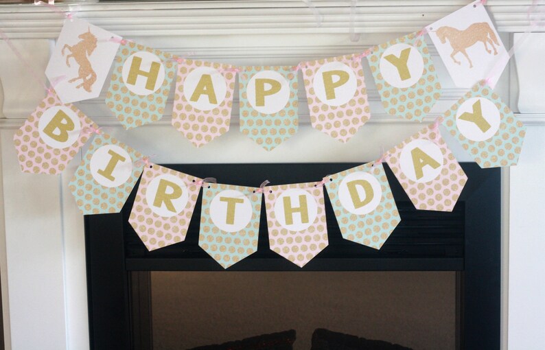 Unicorn Happy Birthday Banner Sign Gold Silhouette Teal Mint Blue Pink /& Gold Polka Dot Party Other Colors Available