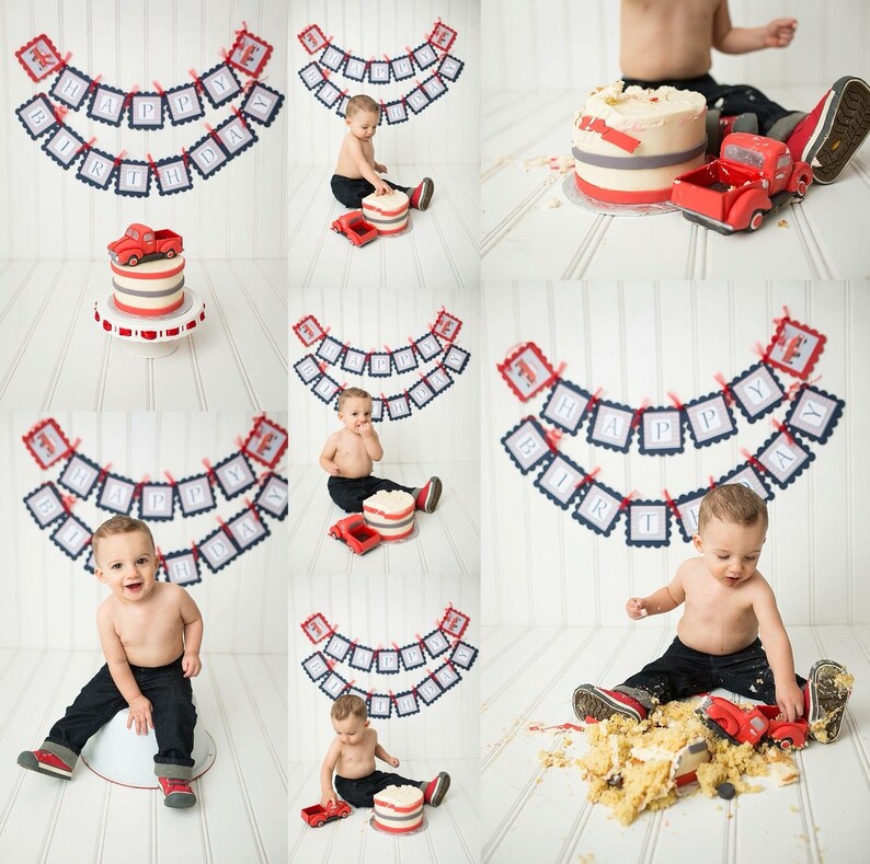 12 Red Navy Blue and Grey Chevron Vintage Red Truck Theme Birthday Cupcake Toppers Ask About our Party Pack Sale