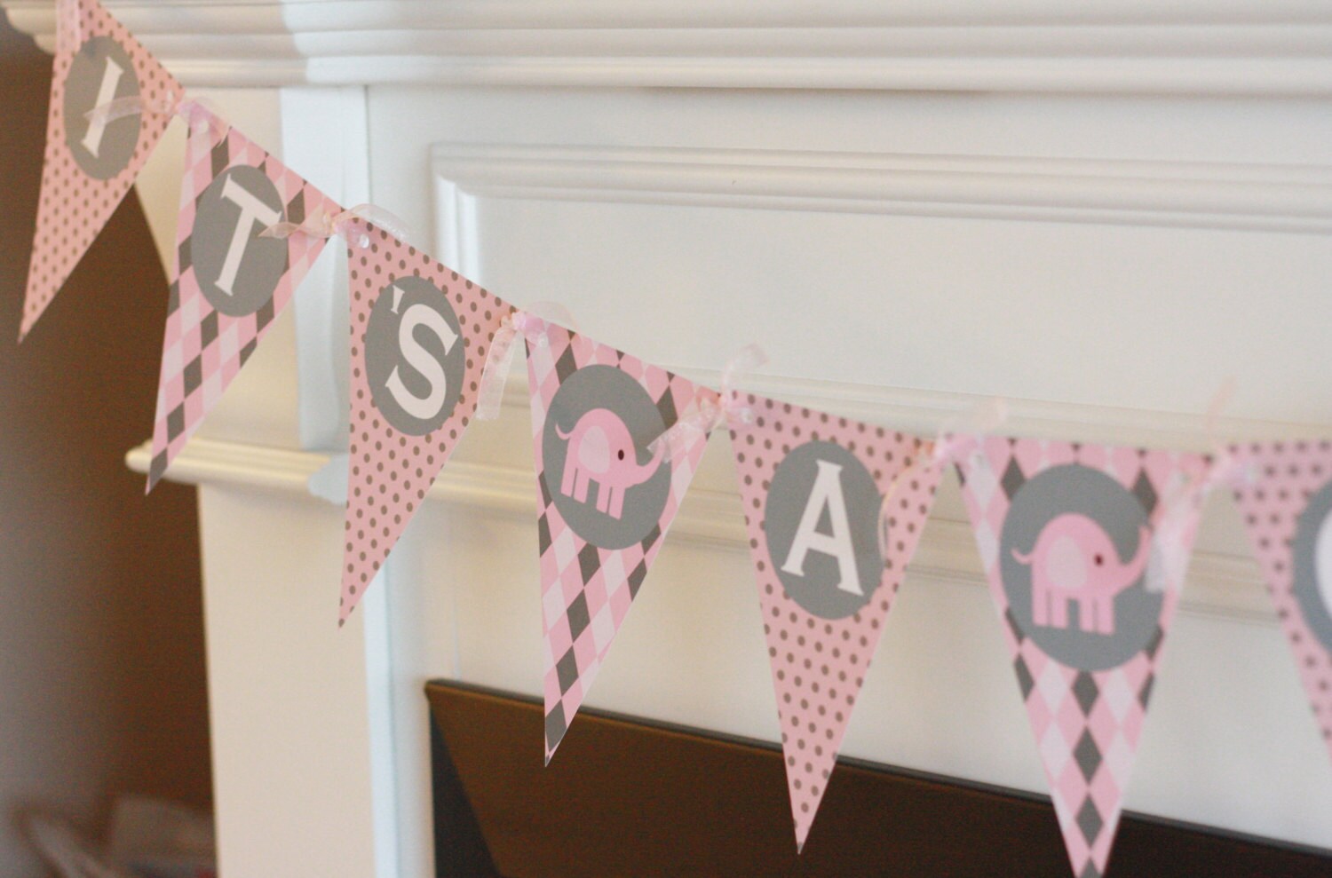 Elephant Pink Grey It S A Girl Baby Shower Pennant Flag Banner