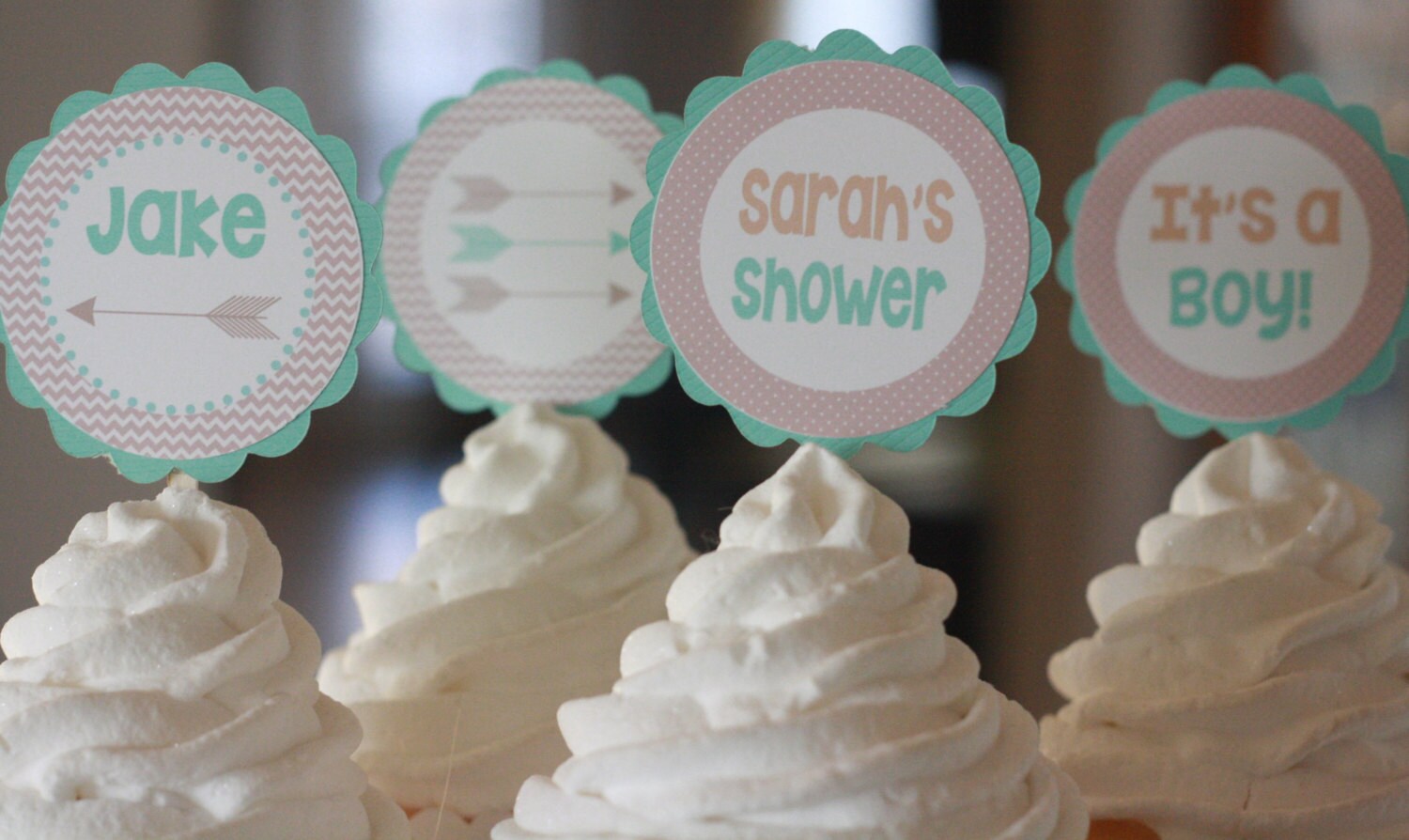 12 Cupcake Toppers Taupe Brown Aqua Blue Arrow Theme Baby