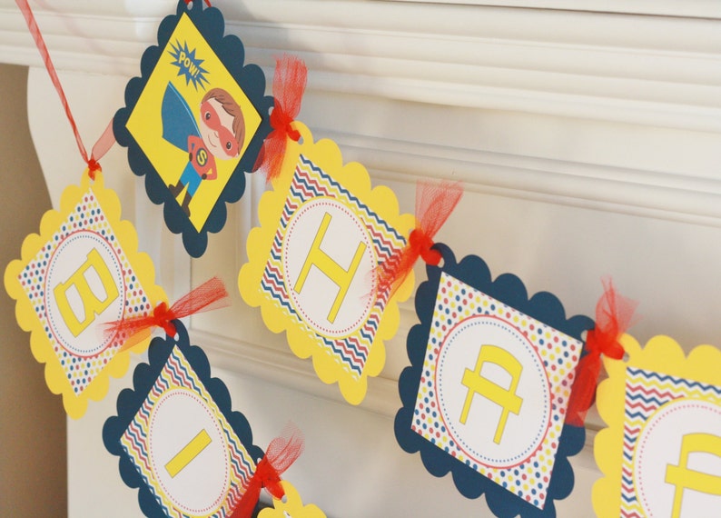 Matching Cupcake Toppers Tags Place Cards /& Door Sign Available Superhero Super Hero Happy Birthday Boys Yellow Red Navy Chevron Banner