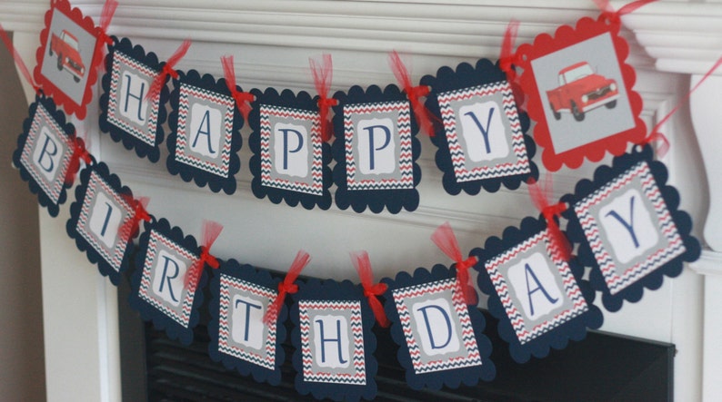12 Red Navy Blue and Grey Chevron Vintage Red Truck Theme Birthday Cupcake Toppers Ask About our Party Pack Sale