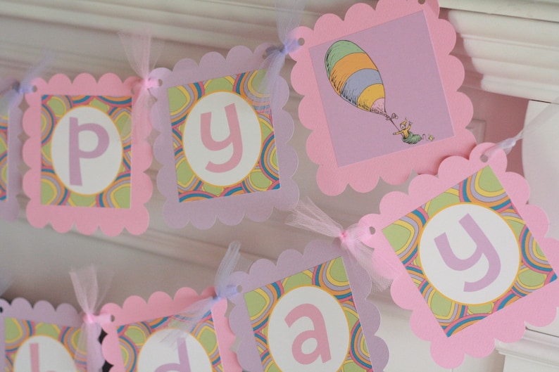 Cupcake Toppers Favor Tags /& Door Sign Available Happy Birthday Pink Purple Girly Oh The Places You/'ll Go Story Inspired Banner